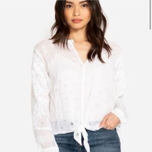 Johnny Was Hunter White Eyelet Tie Front Blouse - XS